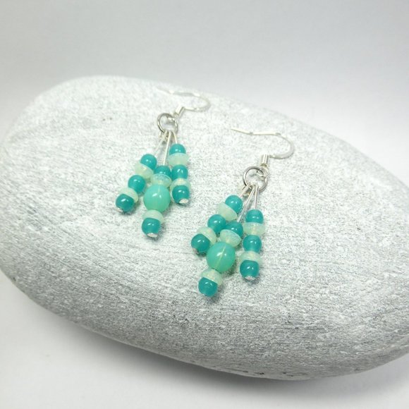 Triple dangle Uranium Glass bead earrings - Picture 6 of 11